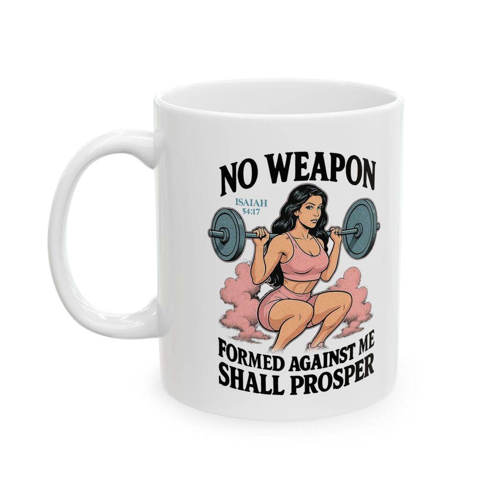 “No Weapon Shall Prosper” Faith + Fitness Mug (Isaiah 54:17)